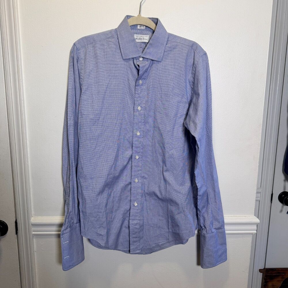 Saks Fifth Avenue Mens 15.5 35 Blue Houndstooth Cotton French Cuff Dress Shirt